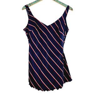 Vtg 1960-70s Striped Teenage Beachwear Corp One Piece Skirted Bathing Suit, 18